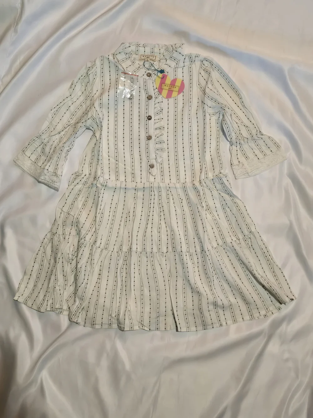 Hayden Girls Striped Ruffle Button-Front Dress in Cream and Black Size M